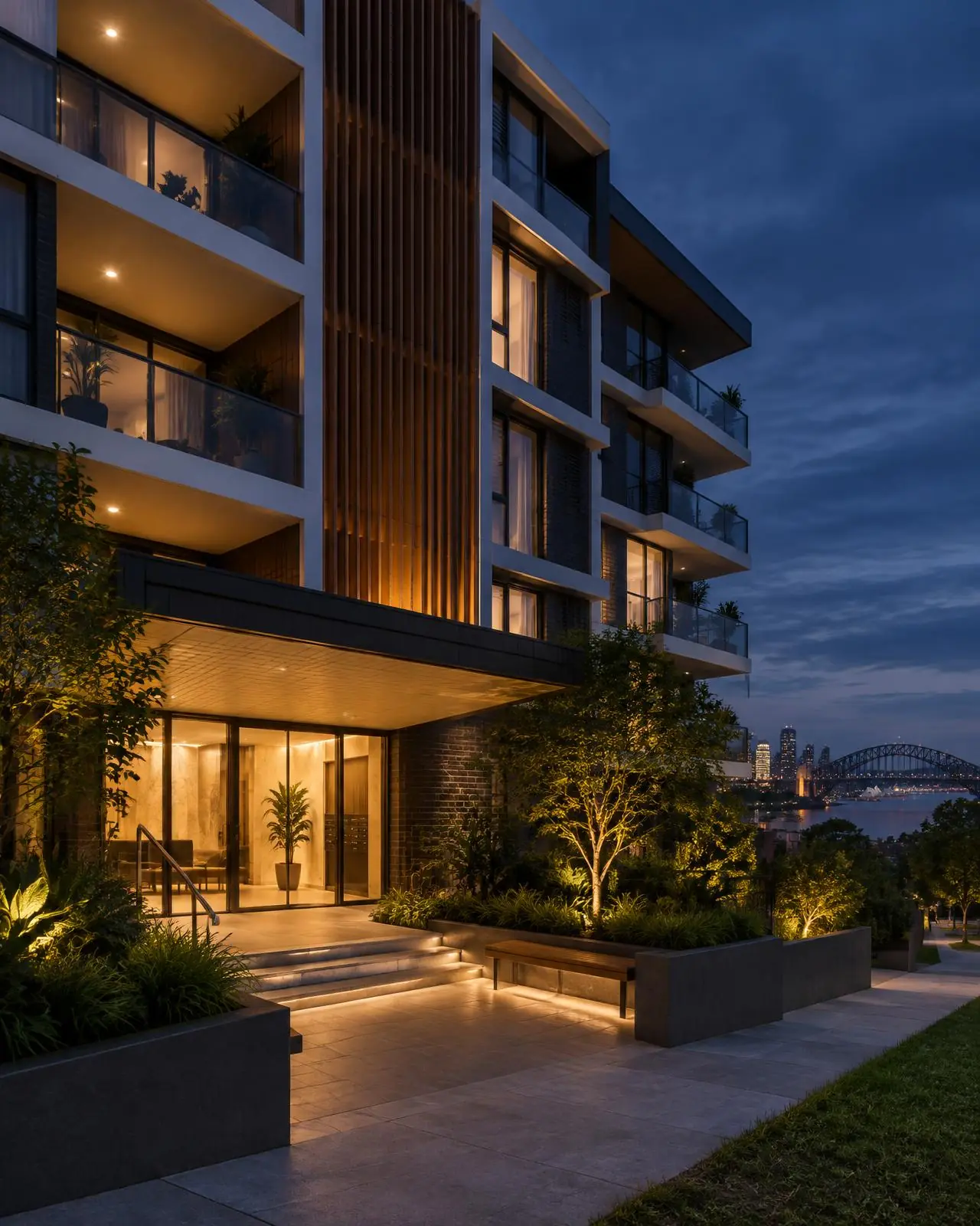 Apartment building entry and common-area lighting at dusk